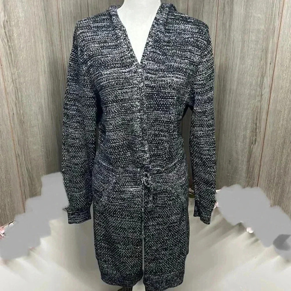 Pacsun Women’s Hooded Long Cardigan Gray White Sweater Size Small Belt - Picture 5 of 11